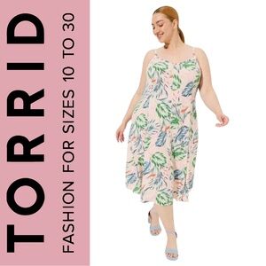Torrid Pink Midi Challis Trapeze Sleeveless Tropical Leaves Dress, NWT!